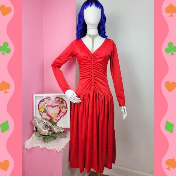 Vintage 80s Red Long Sleeve Rouched Dress - Picture 1 of 8